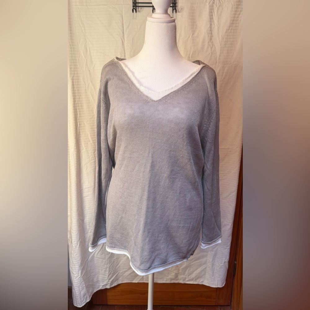 NWOT Avalina Gorgeous Gray V-Neck Long Sleeve Lightweight Linen XL Sweater